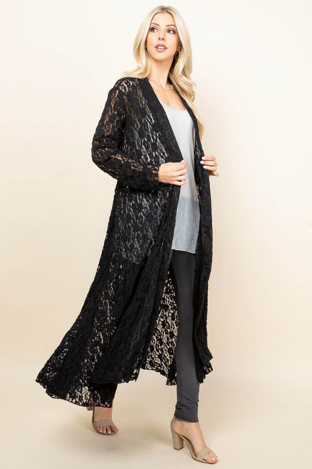 Full image of black long pucker jacket – elegant boho lace duster