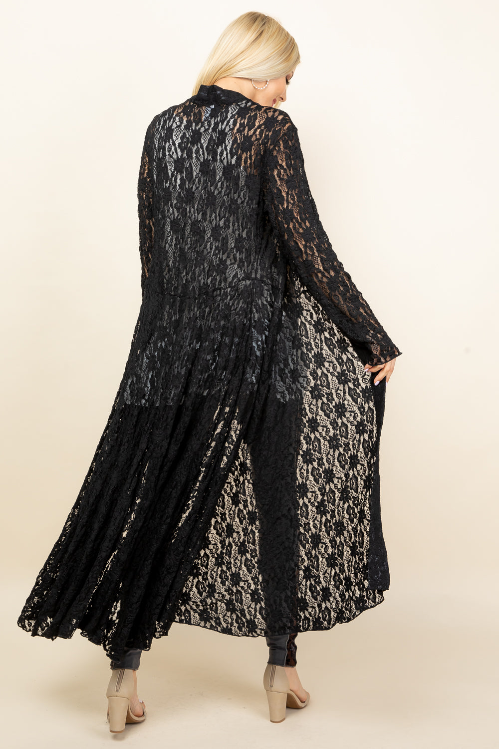 Side view of black long lace duster for women – flowy and feminine