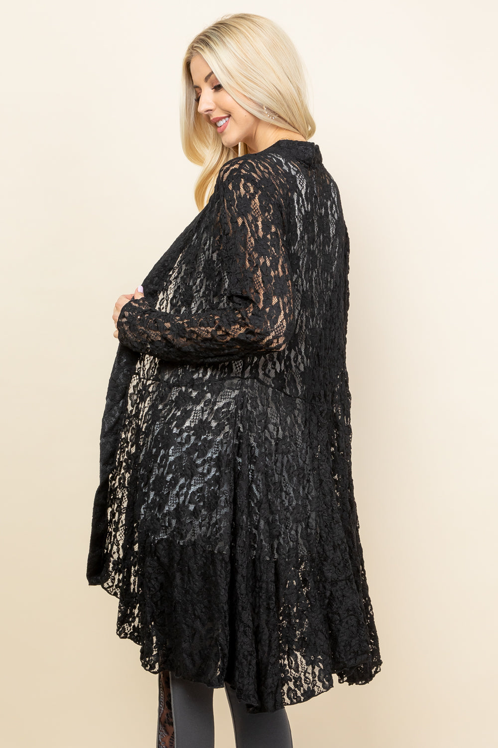 Back view of black short pucker lace jacket – long flowy boho cardigan