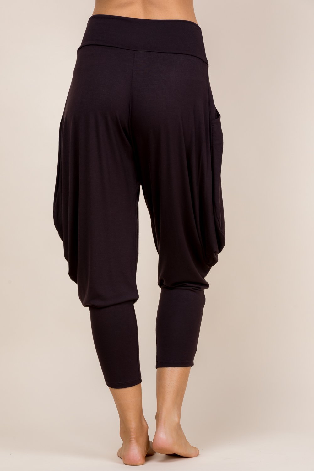 Back view of brown harem pants with adjustable hem and pockets – Kooniez