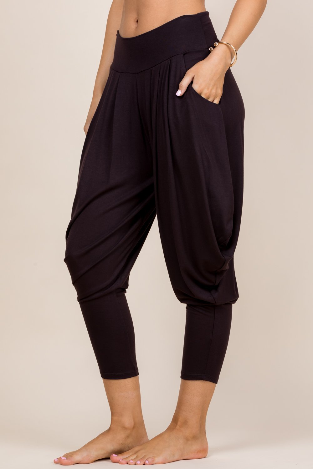 Side view of brown women’s harem pants with stretch waistband – Kooniez brand
