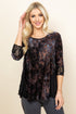 Front view of woman wearing brown velvet patchwork tunic top – boho paisley blouse, made in USA