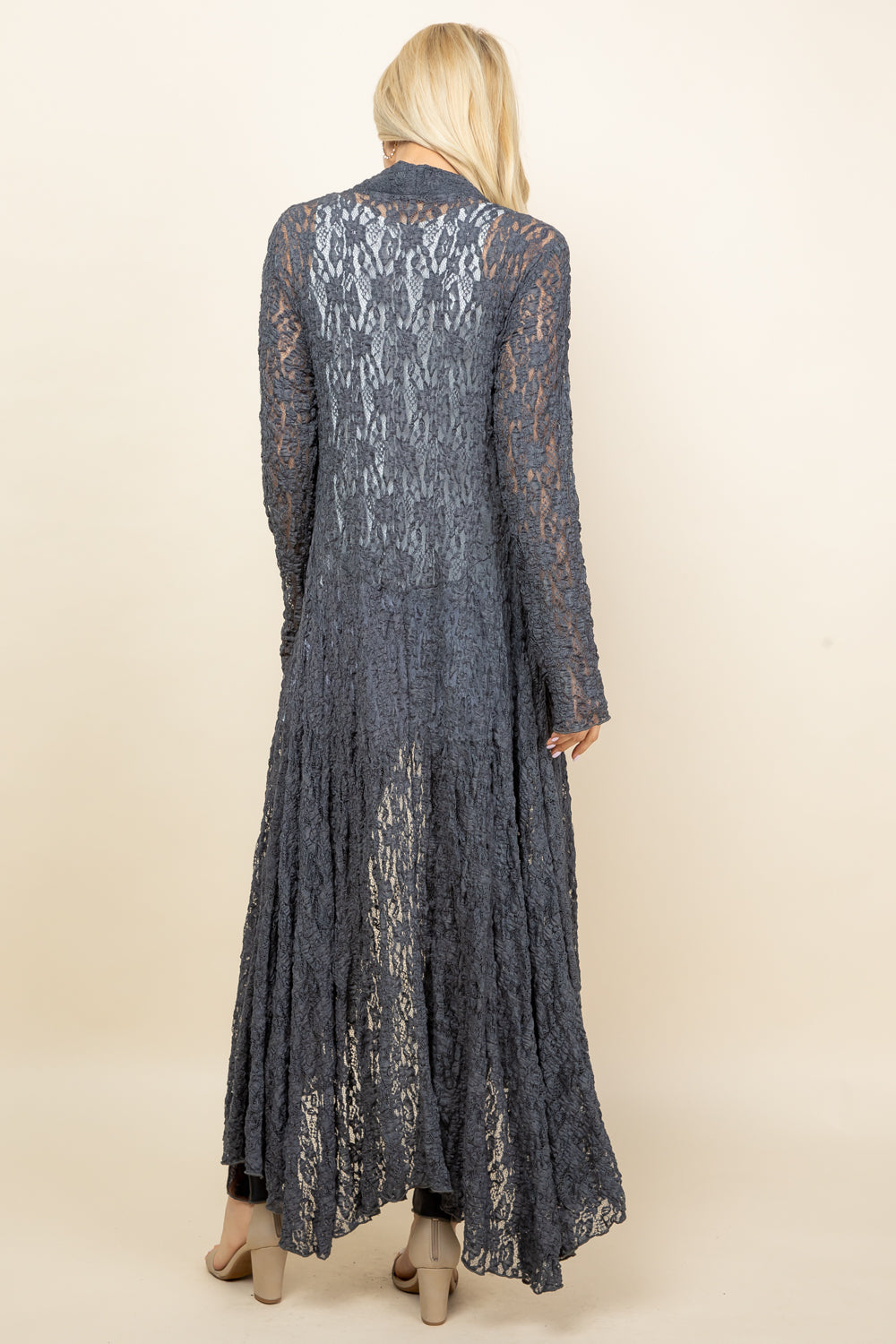Back view of charcoal long pucker lace jacket – long flowy boho cardigan