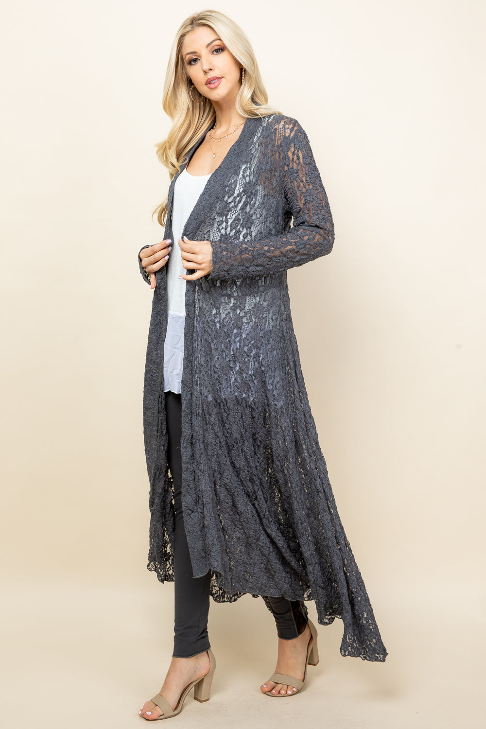 Full image of charcoal long pucker jacket – elegant boho lace duster