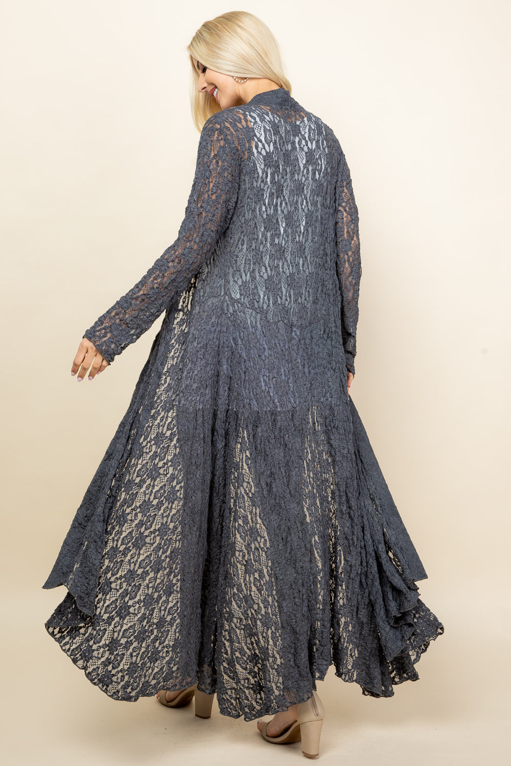 Side view of charcoal long lace duster for women – flowy and feminine