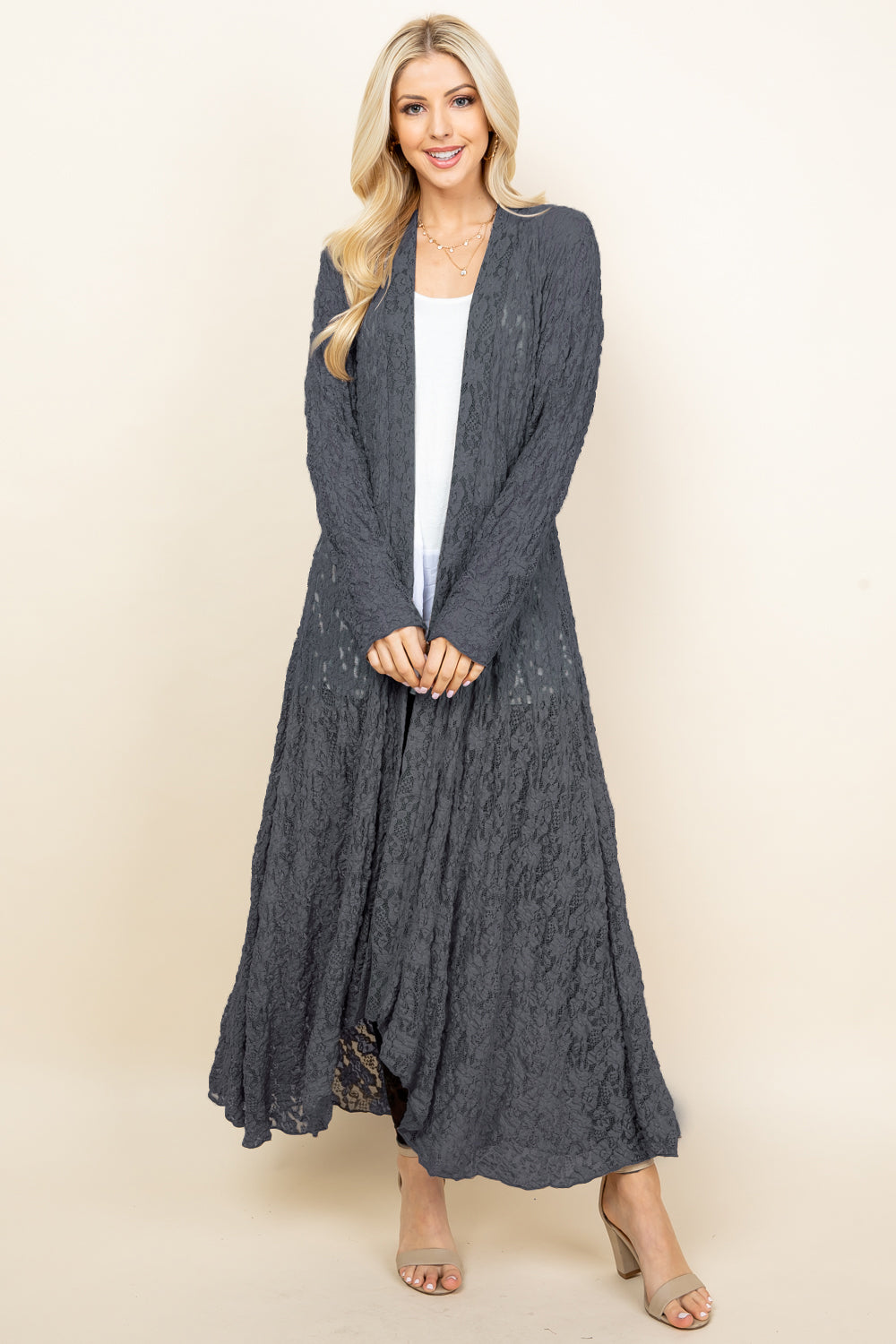 Front view of woman wearing charcoal long pucker lace jacket – boho style, made in USA