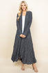 Front view of woman wearing charcoal long pucker lace jacket – boho style, made in USA