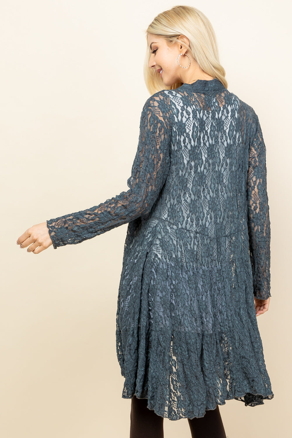 Back view of charcoal short pucker lace jacket – long flowy boho cardigan