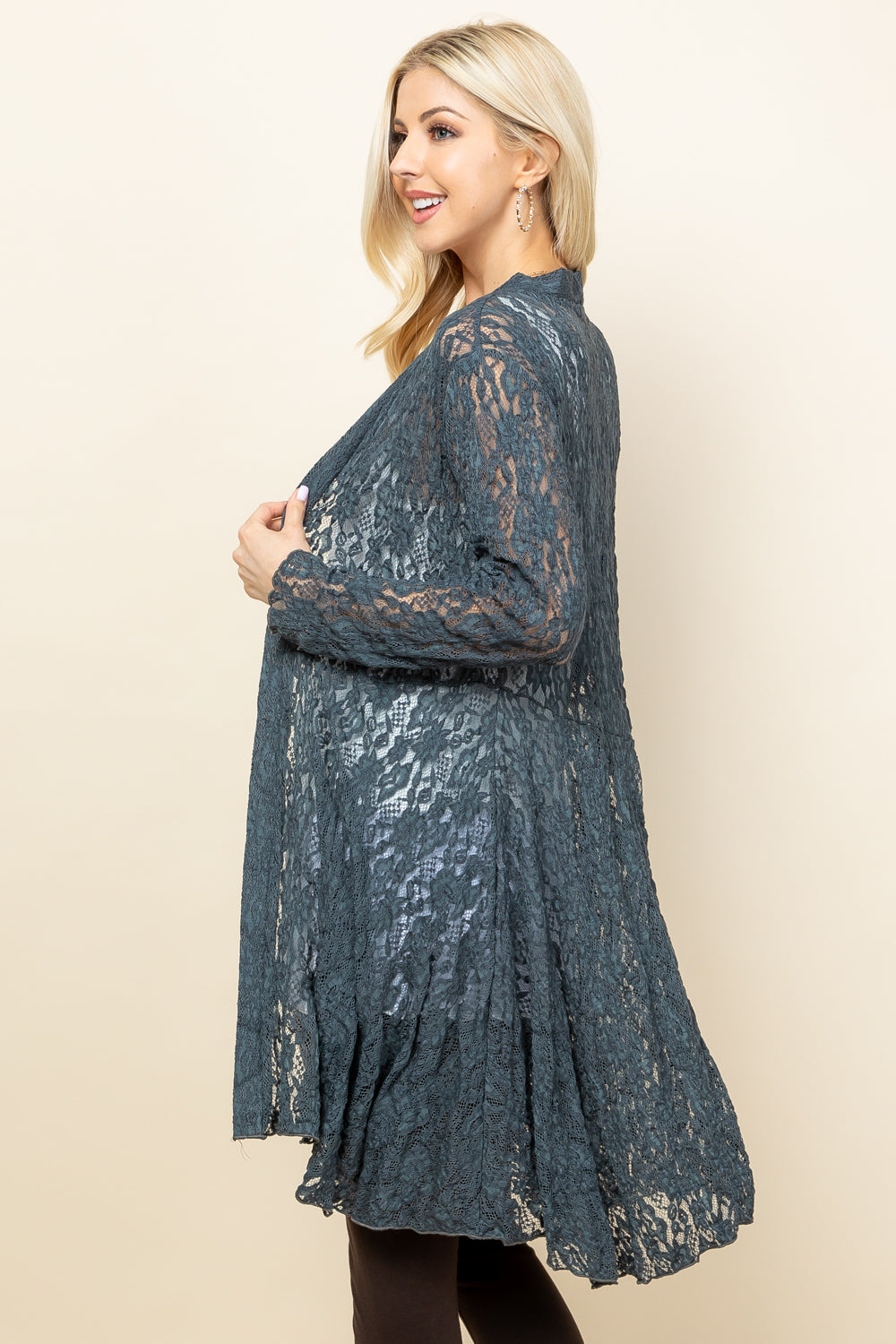 Side view of charcoal short lace duster for women – flowy and feminine