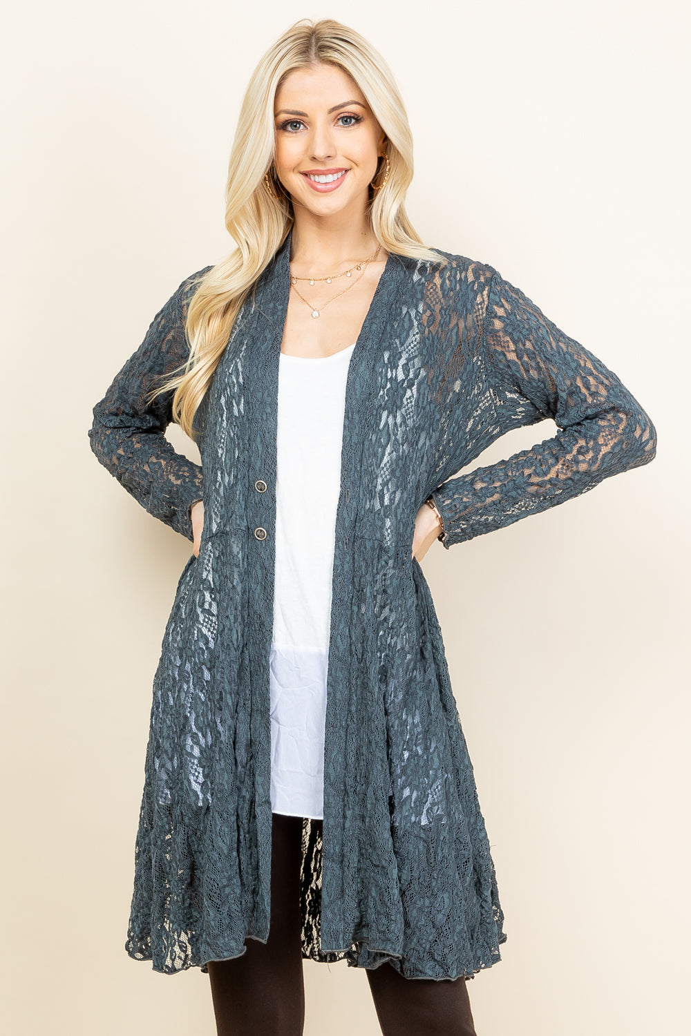 Front view of woman wearing charcoal short pucker lace jacket – boho style, made in USA