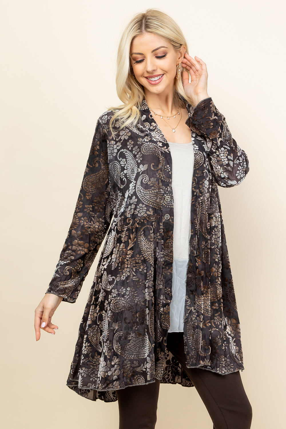 Front view of woman wearing charcoal velvet paisley jacket – boho long sleeve outerwear, made in USA