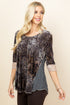 Front view of woman wearing charcoal velvet patchwork tunic top – boho paisley blouse, made in USA