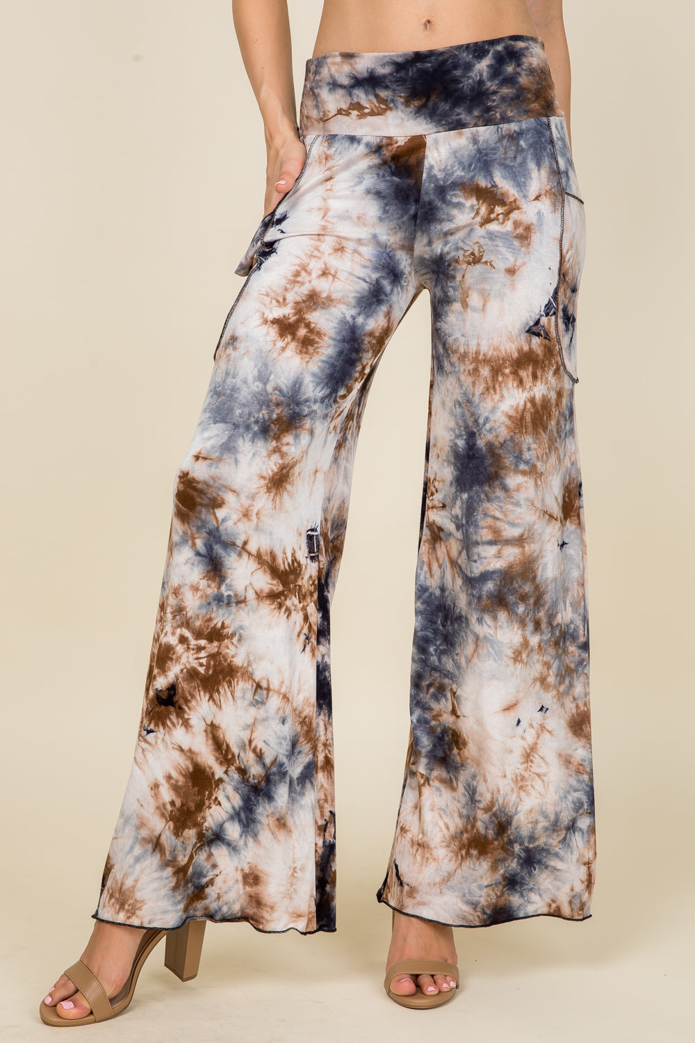 Front view of woman wearing dark navy tie-dye palazzo wide leg pants – flowy lounge style, made in USA