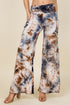 Front view of woman wearing dark navy tie-dye palazzo wide leg pants – flowy lounge style, made in USA