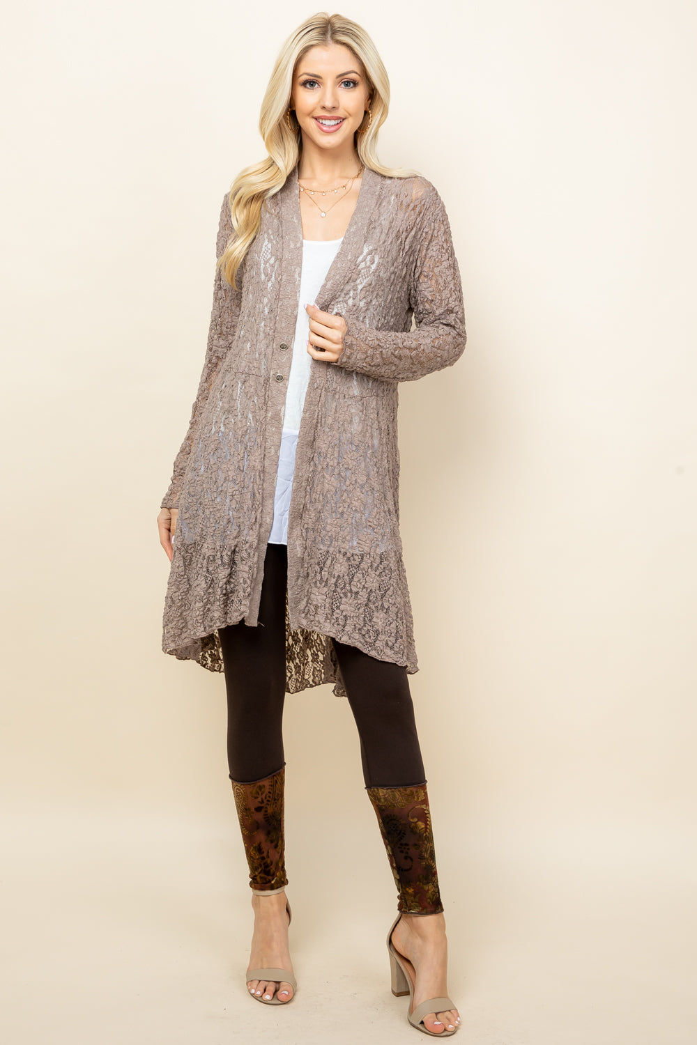 Side view of mocha short lace duster for women – flowy and feminine
