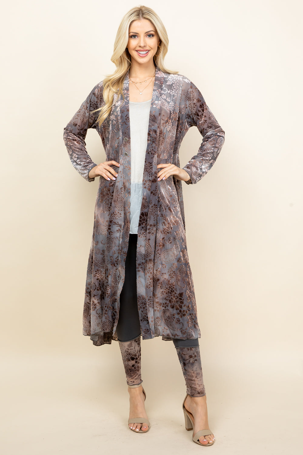 Full image of light grey long velvet paisley jacket – flowy boho duster, paisley print