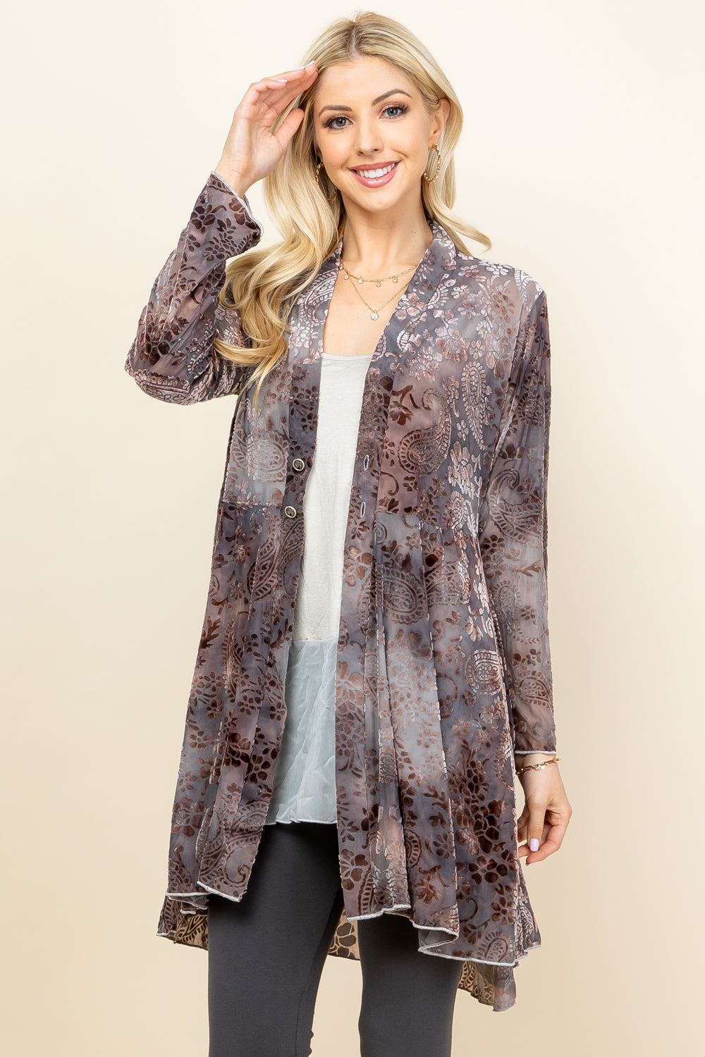 Front view of woman wearing light grey velvet paisley jacket – boho long sleeve outerwear, made in USA
