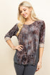 Front view of woman wearing light grey velvet patchwork tunic top – boho paisley blouse, made in USA