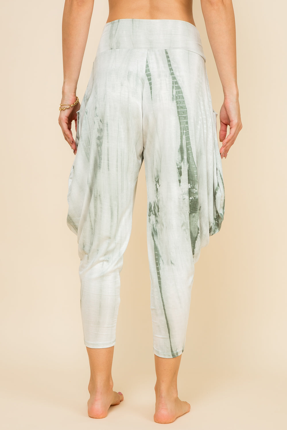 Back view of mint marble tie-dye harem pants with adjustable hem and pockets – Kooniez
