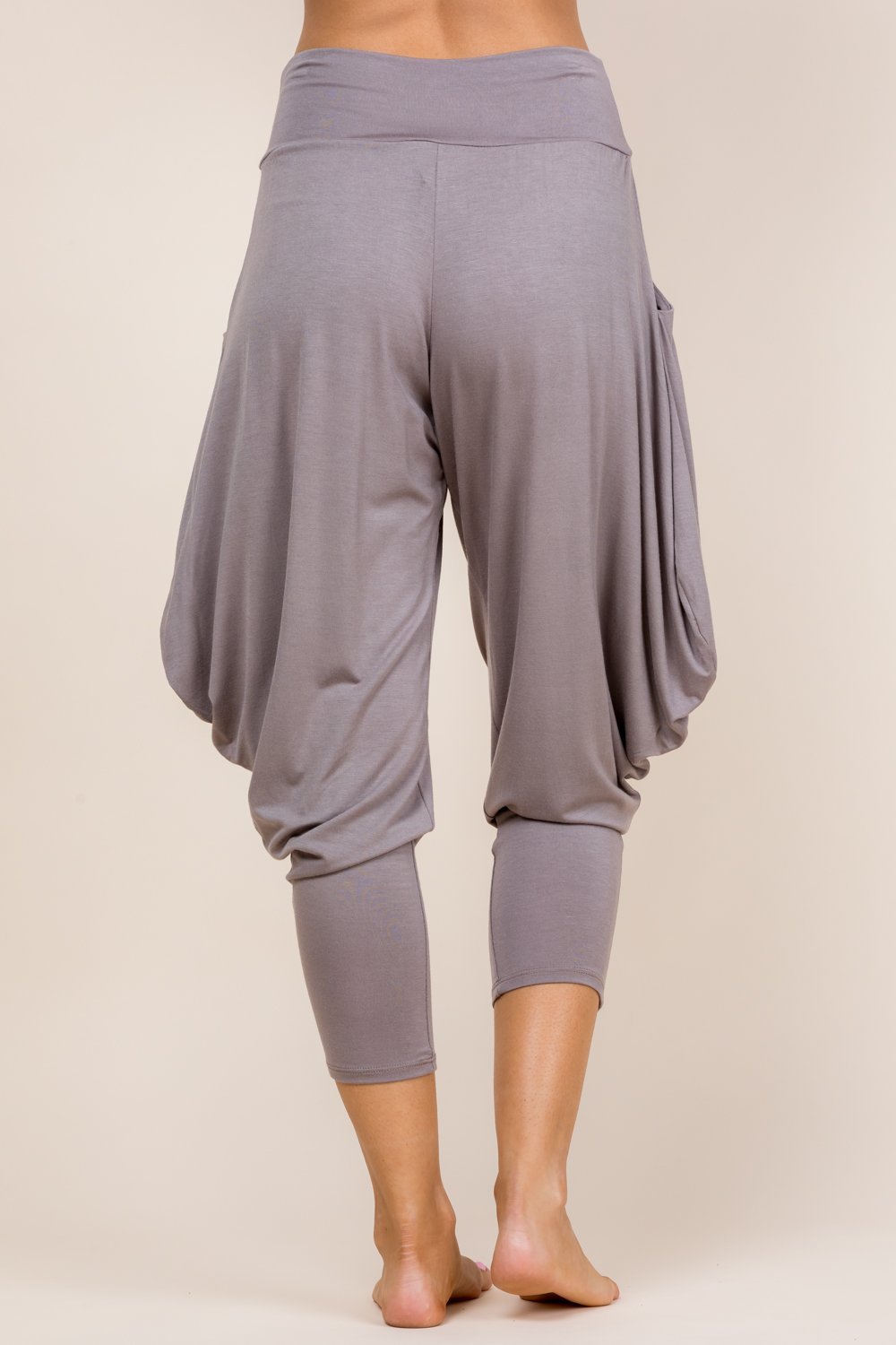 Back view of mocha harem pants with adjustable hem and pockets – Kooniez
