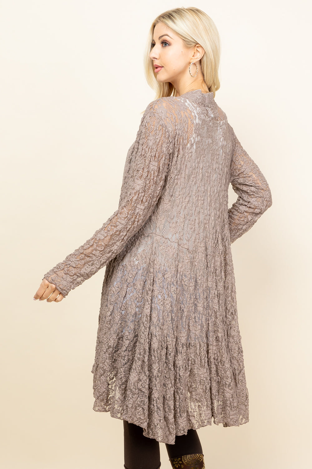 Back view of mocha long pucker lace jacket – long flowy boho cardigan