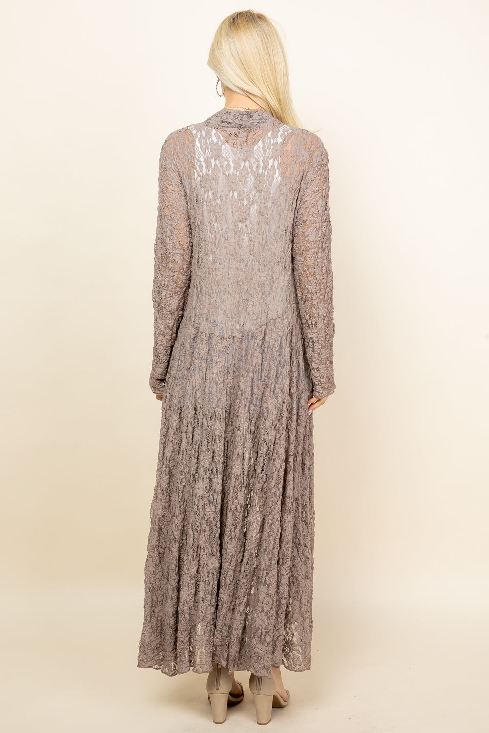 Back view of mocha long pucker lace jacket – long flowy boho cardigan