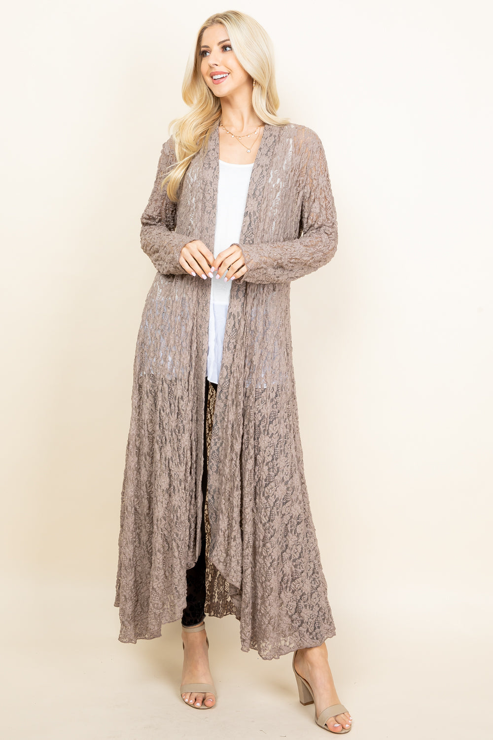 Full image of mocha long pucker jacket – elegant boho lace duster