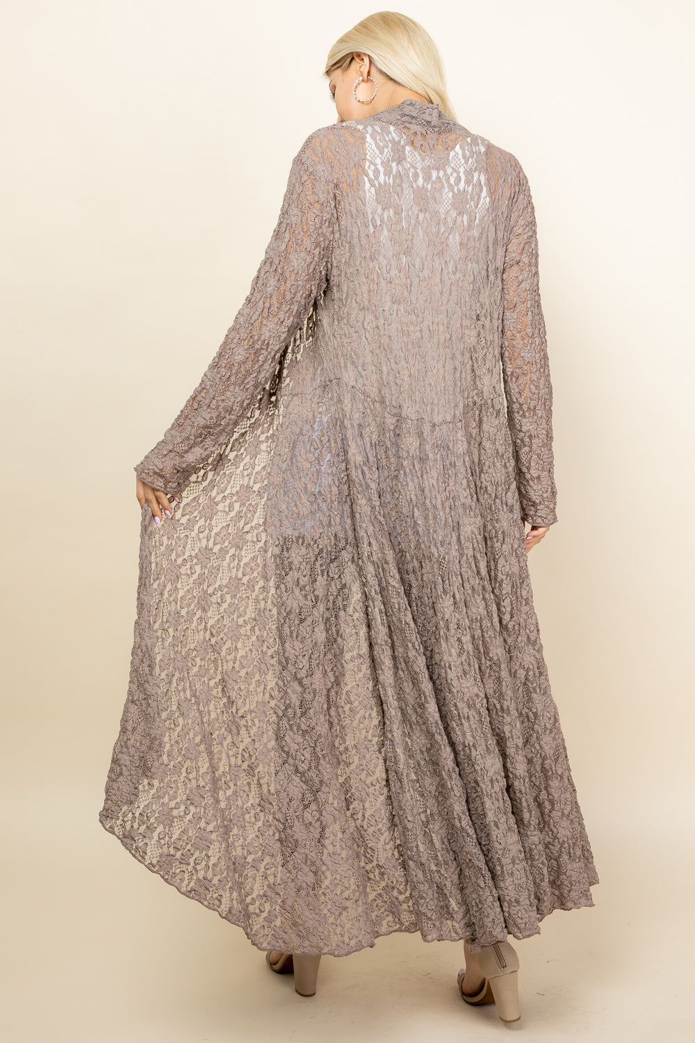 Side view of mocha long lace duster for women – flowy and feminine