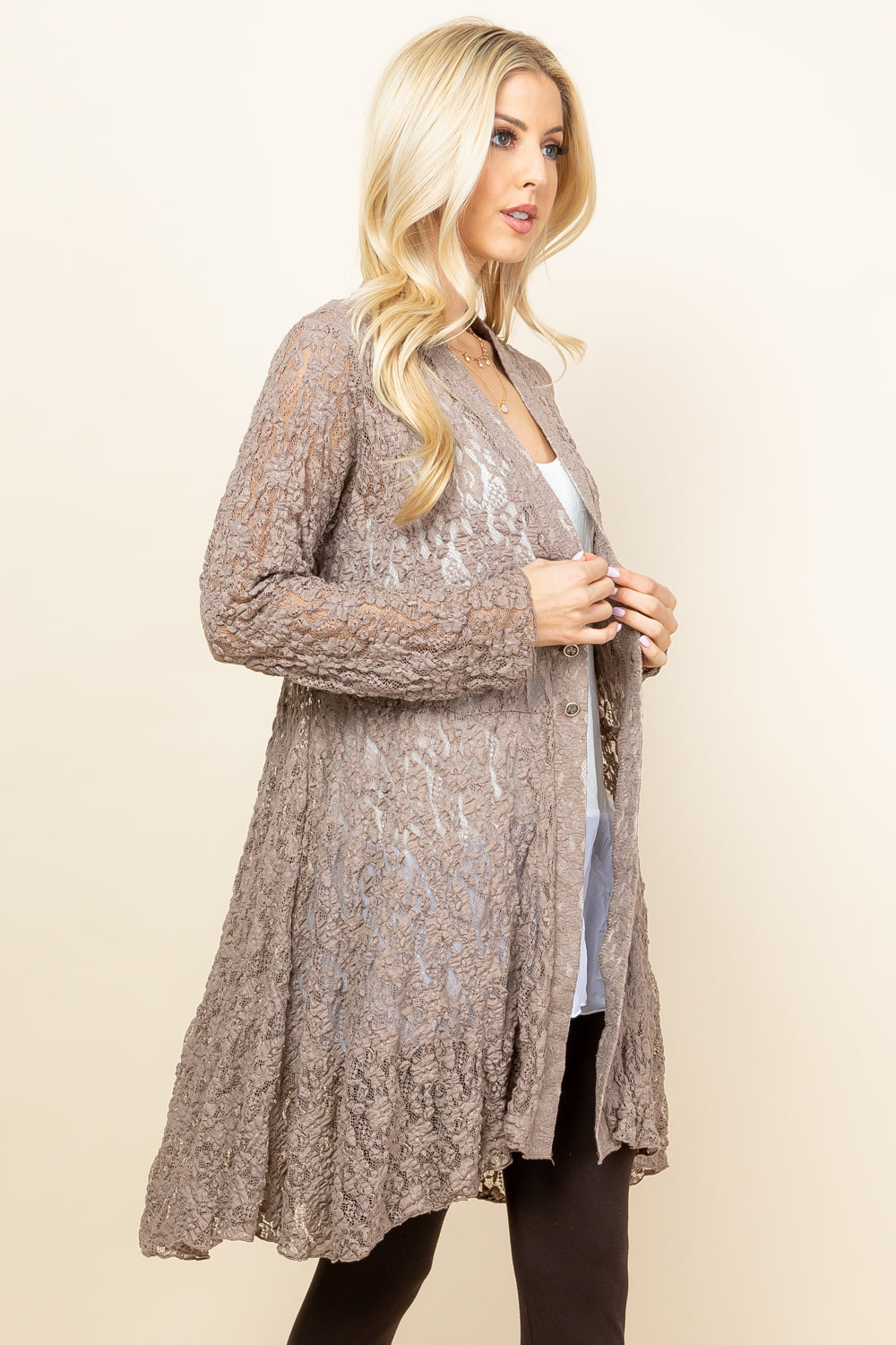 Side view of mocha long lace duster for women – flowy and feminine