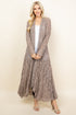 Front view of woman wearing mocha long pucker lace jacket – boho style, made in USA