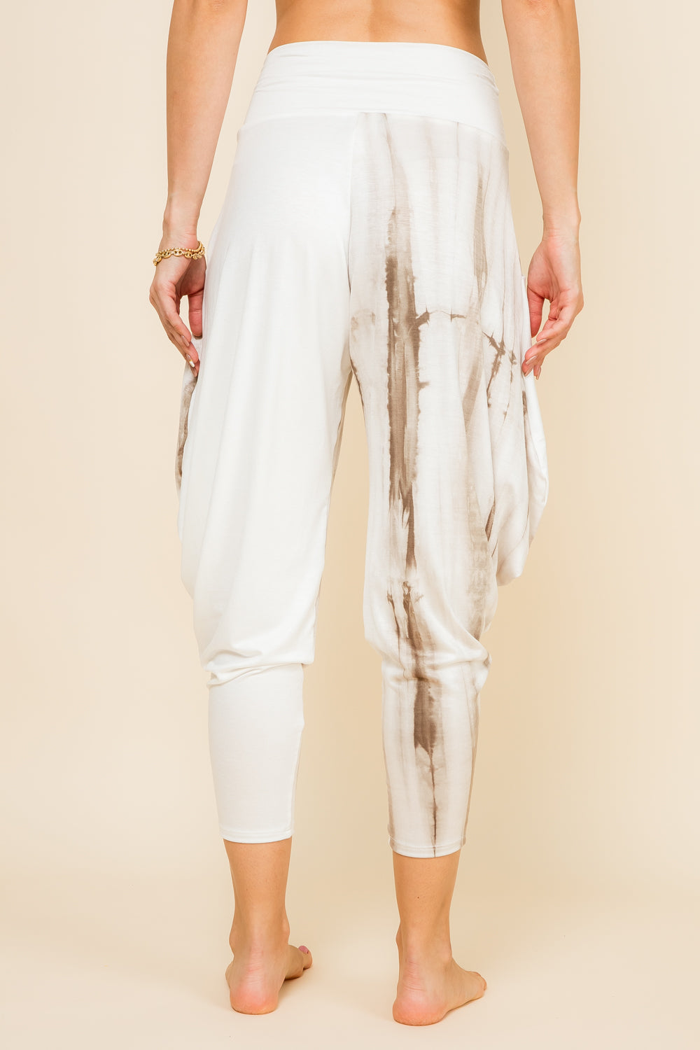 Back view of mocha patchwork harem pants with adjustable hem and pockets – Kooniez