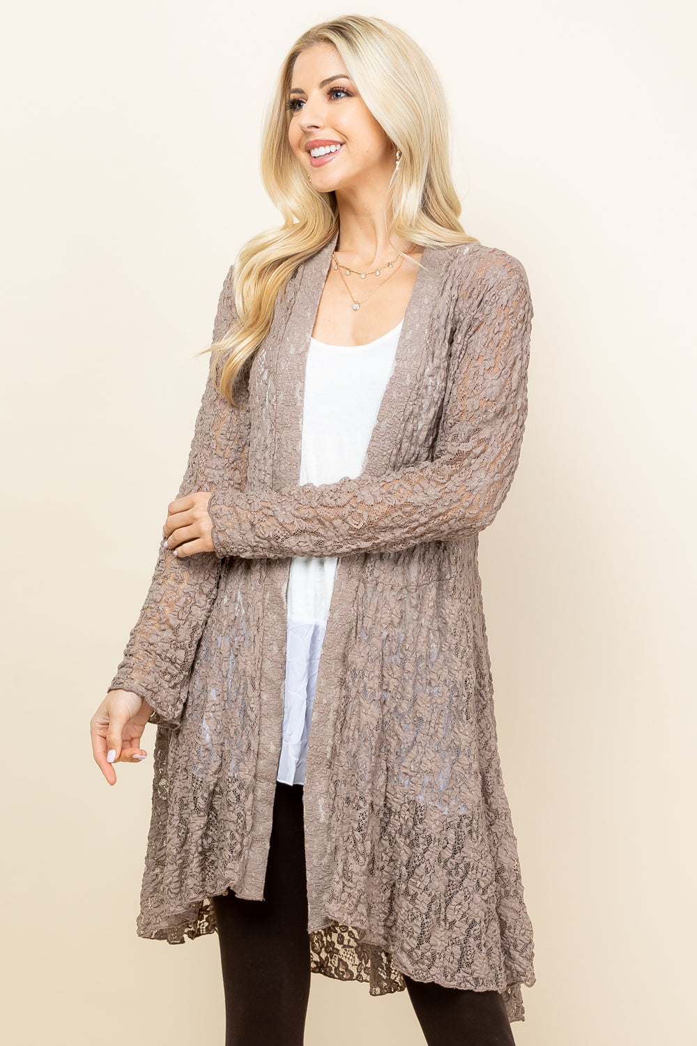 Front view of woman wearing mocha short pucker lace jacket – boho style, made in USA