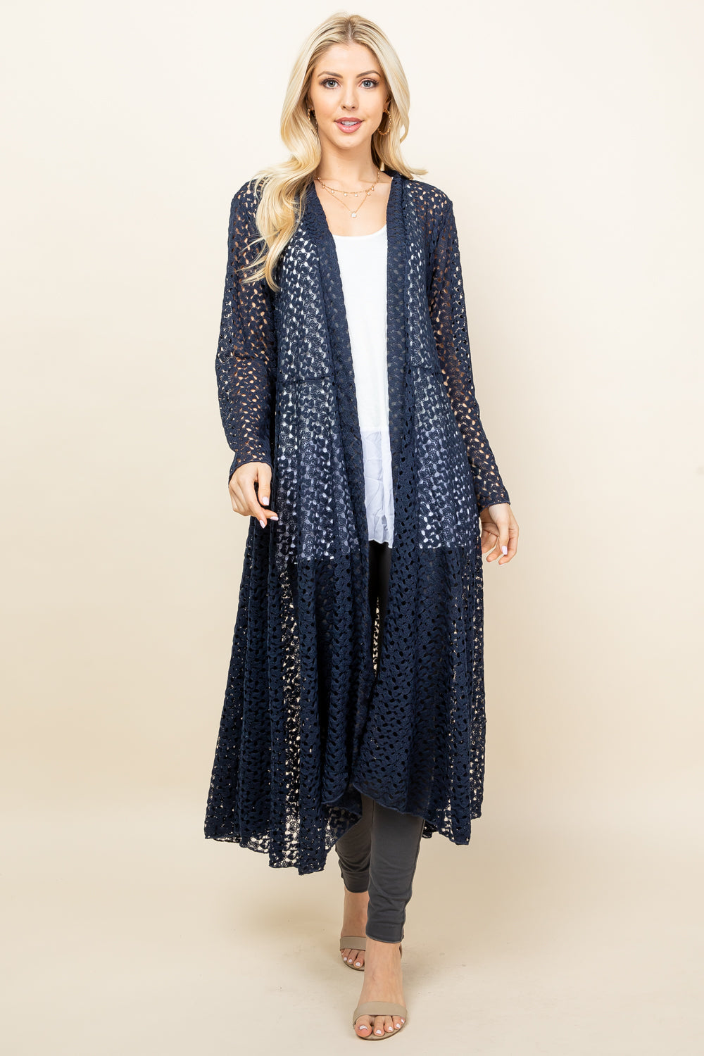 Full image of navy blue long crochet lace jacket – lightweight and elegant duster
