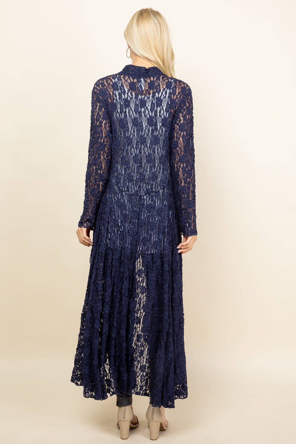 Back view of navy blue long pucker lace jacket – long flowy boho cardigan
