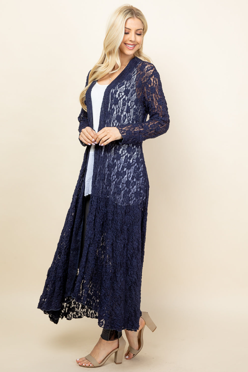 Full image of navy blue long pucker jacket – elegant boho lace duster