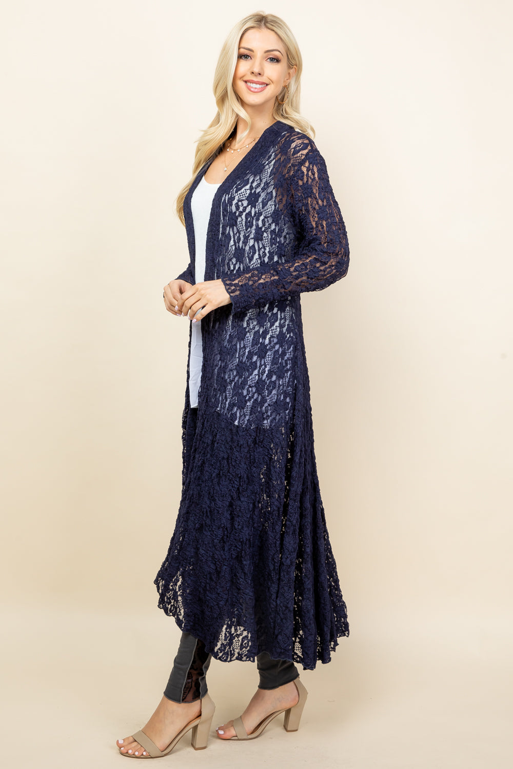 Side view of navy blue long lace duster for women – flowy and feminine