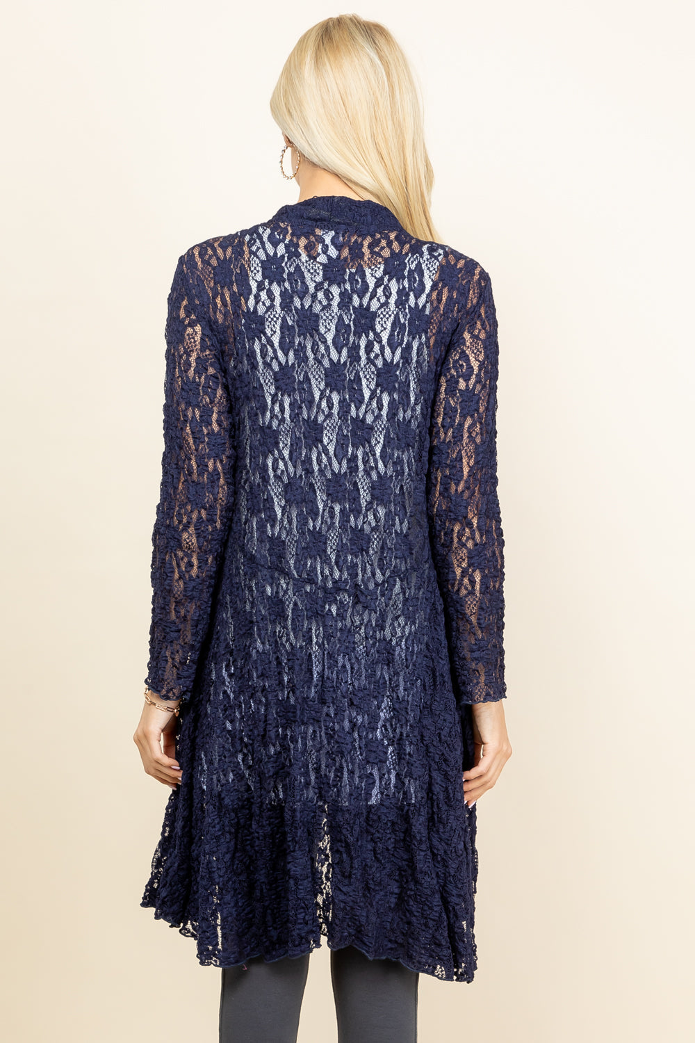 Back view of navy blue short pucker lace jacket – long flowy boho cardigan