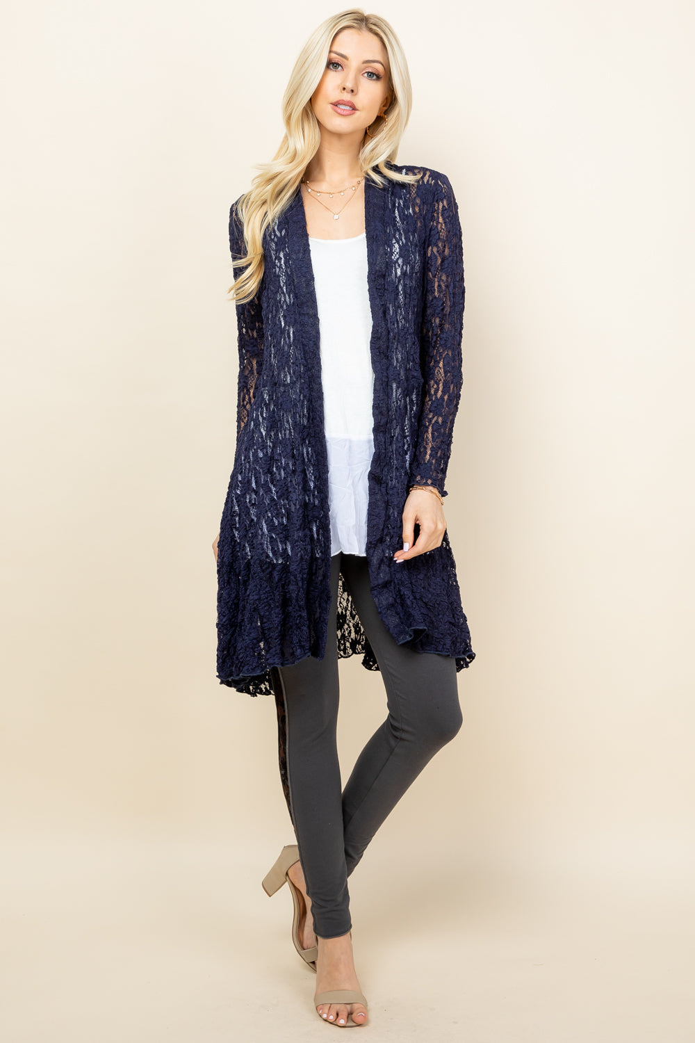 Full image of navy blue short pucker jacket – elegant boho lace duster