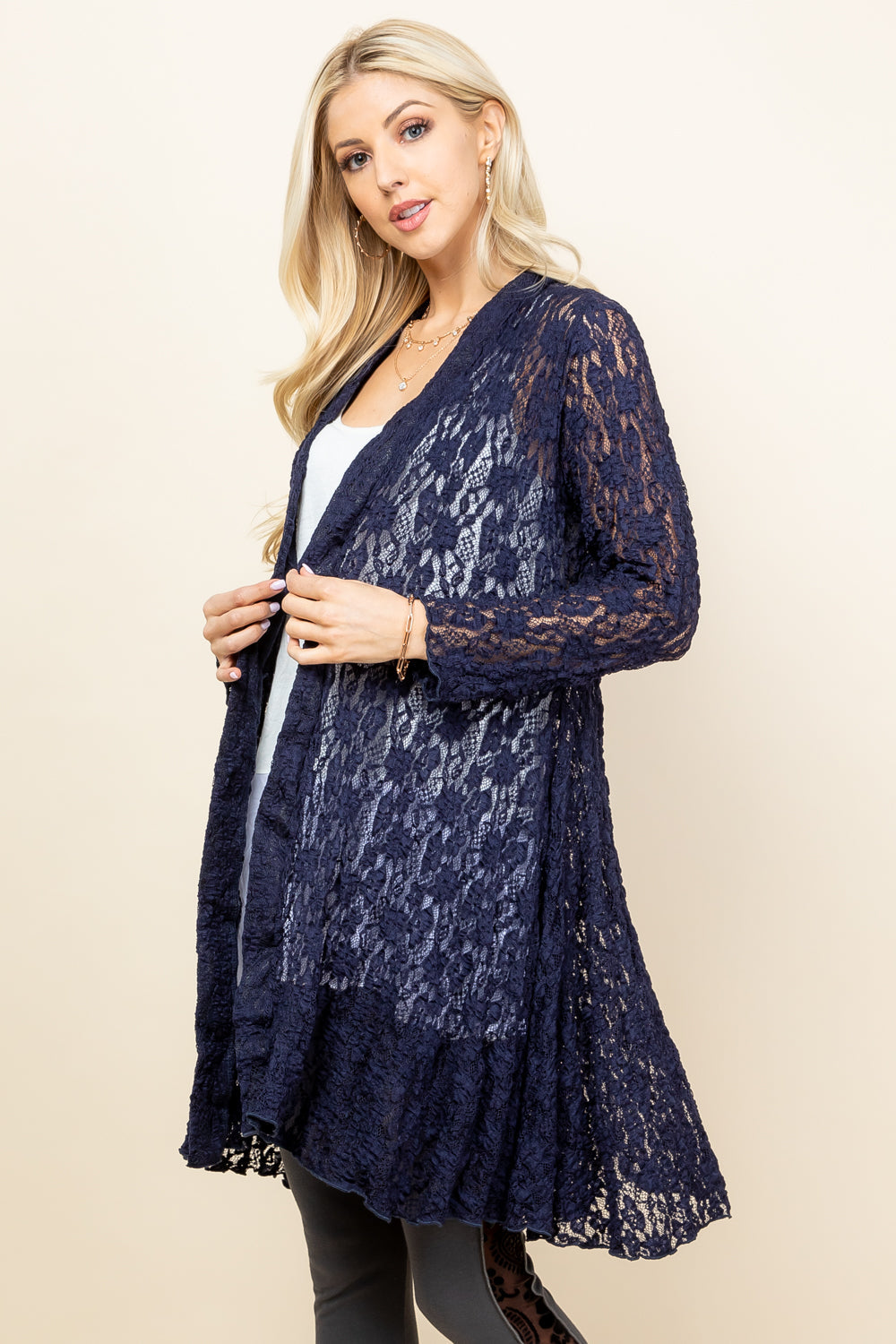 Side view of navy blue short lace duster for women – flowy and feminine