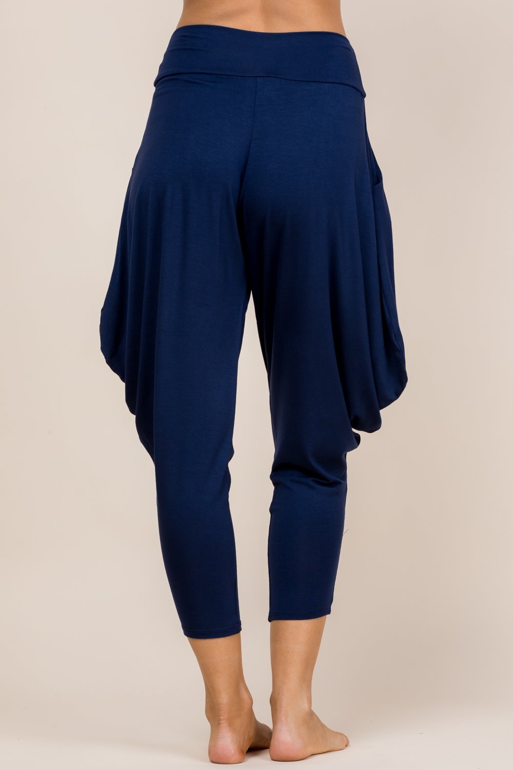 Back view of navy blue harem pants with adjustable hem and pockets – Kooniez