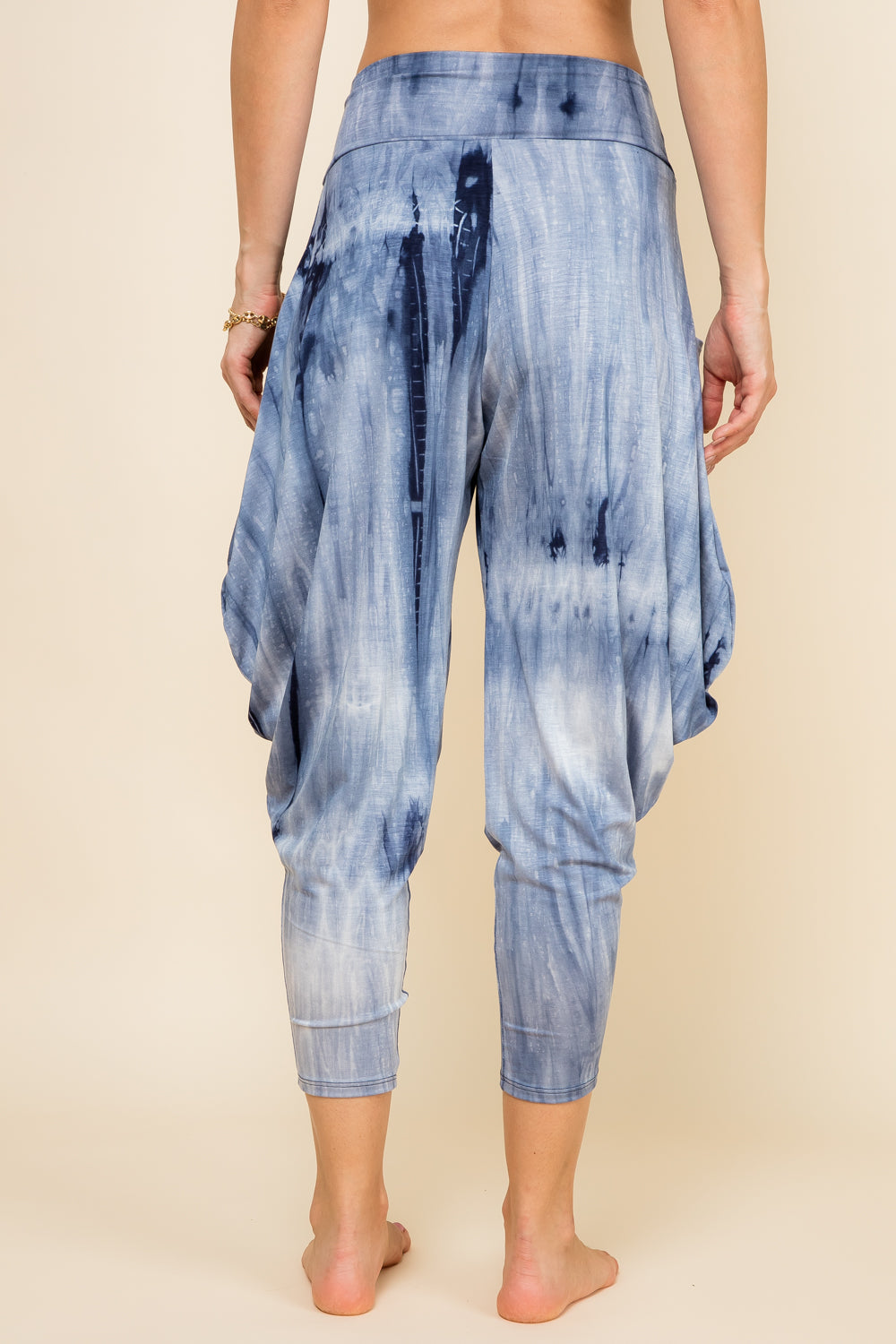 Back view of navy marble tie-dye harem pants with adjustable hem and pockets – Kooniez