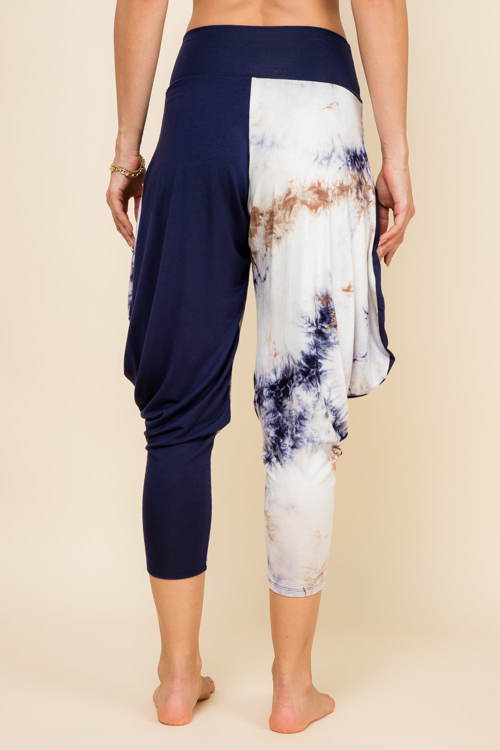 Back view of navy patchwork harem pants with adjustable hem and pockets – Kooniez