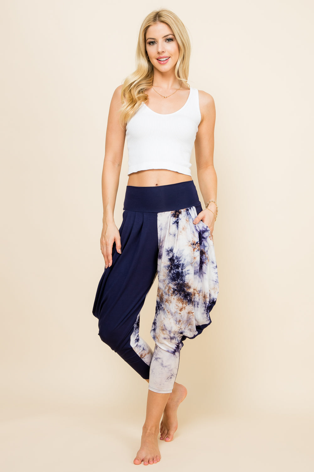 Full view of navy patchwork lounge harem pants for women by Kooniez – comfy and breathable