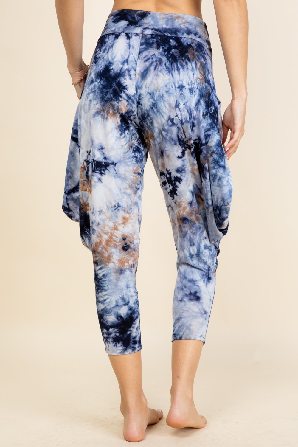 Back view of navy tie-dye harem pants with adjustable hem and pockets – Kooniez