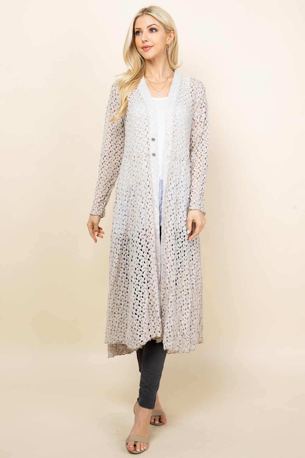 Full image of oatmeal long crochet lace jacket – lightweight and elegant duster