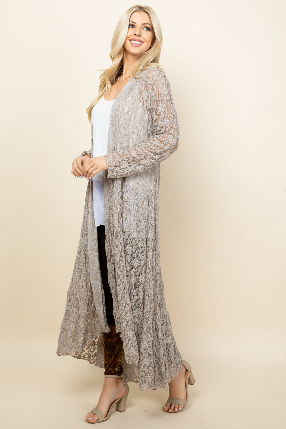 Full image of oatmeal long pucker jacket – elegant boho lace duster