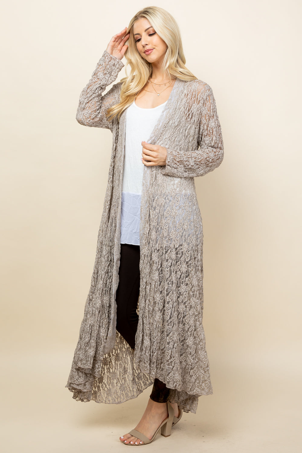 Side view of oatmeal long lace duster for women – flowy and feminine