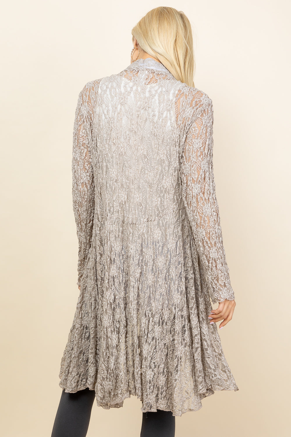 Back view of oatmeal short pucker lace jacket – long flowy boho cardigan