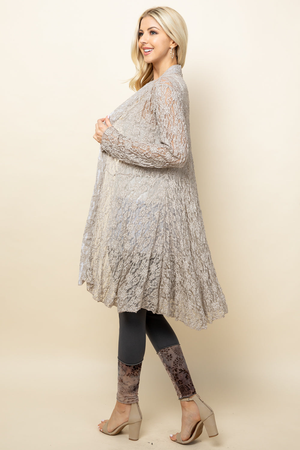 Side view of oatmeal short lace duster for women – flowy and feminine
