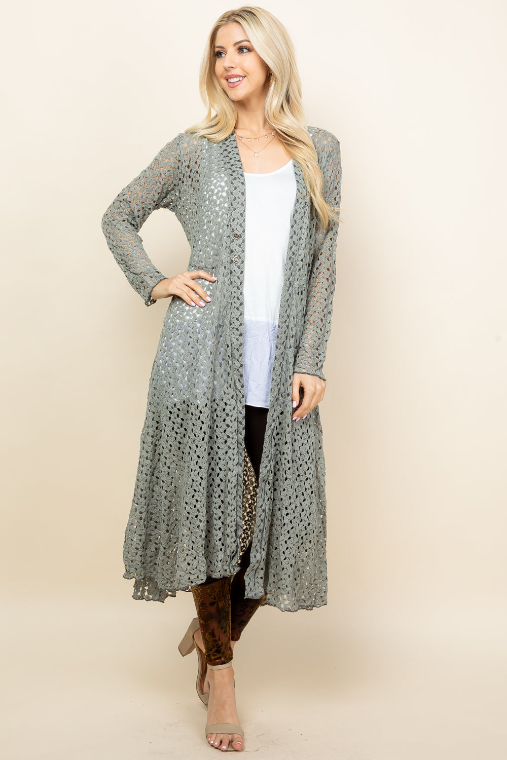 Full image of sage long crochet lace jacket – lightweight and elegant duster